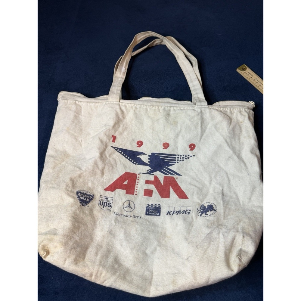 Vtg 1999 AFM Racing Canvas Tote Bag Small Shopping Hipster Cream